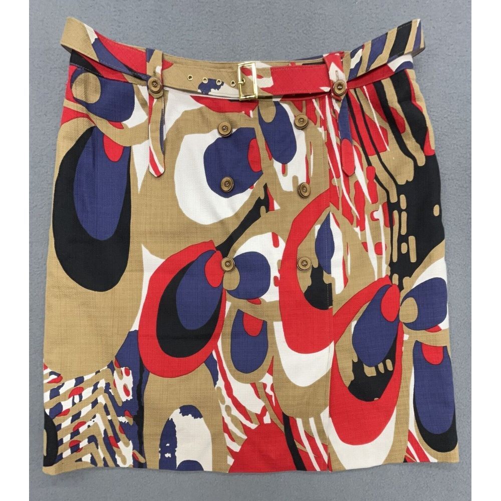 Etcetera Skirt 14 Beige Red Blue Bold Pencil Lined Slit Belt Cotton Silk Career